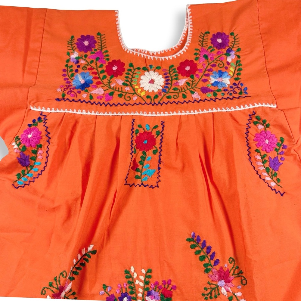 Vintage Mexican Peasant Dress Orange Floral Embroidered Puebla Midi Small - Picture 3 of 7